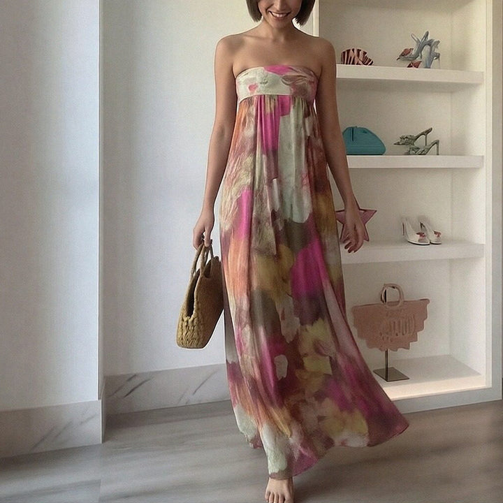 Kvinnors Long Beach Klänning med Off-Shoulder Design och Blommönster Mirla-Eva Jonsson
