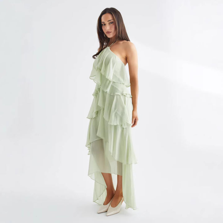 Kvinnors Luftig Chiffon Maxi Klänning med Volang Detaljer och Elegant Halterneck Mirla-Eva Jonsson