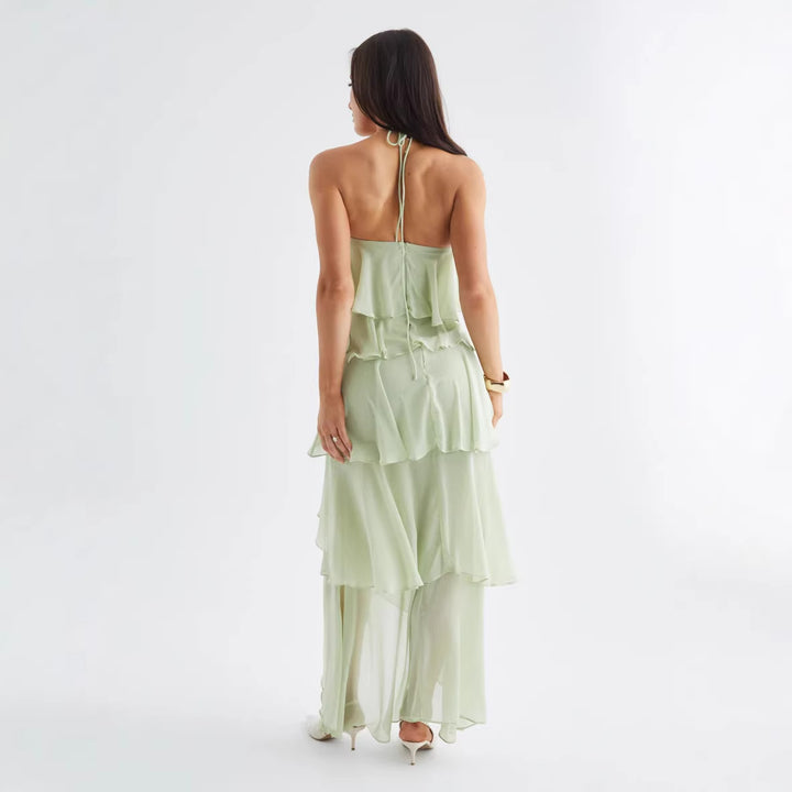 Kvinnors Luftig Chiffon Maxi Klänning med Volang Detaljer och Elegant Halterneck Mirla-Eva Jonsson
