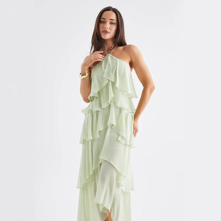 Kvinnors Luftig Chiffon Maxi Klänning med Volang Detaljer och Elegant Halterneck Mirla-Eva Jonsson