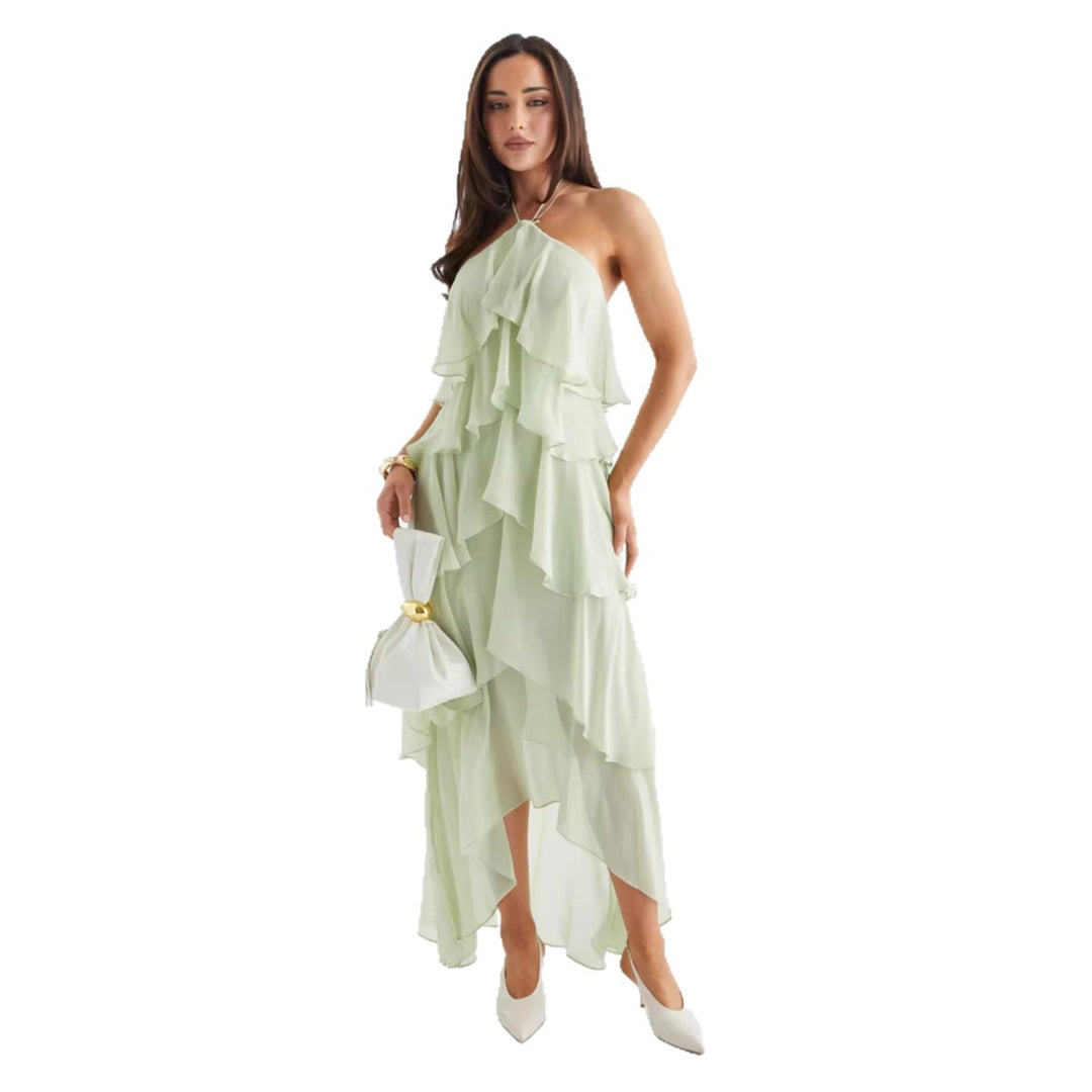 Kvinnors Luftig Chiffon Maxi Klänning med Volang Detaljer och Elegant Halterneck Mirla-Eva Jonsson