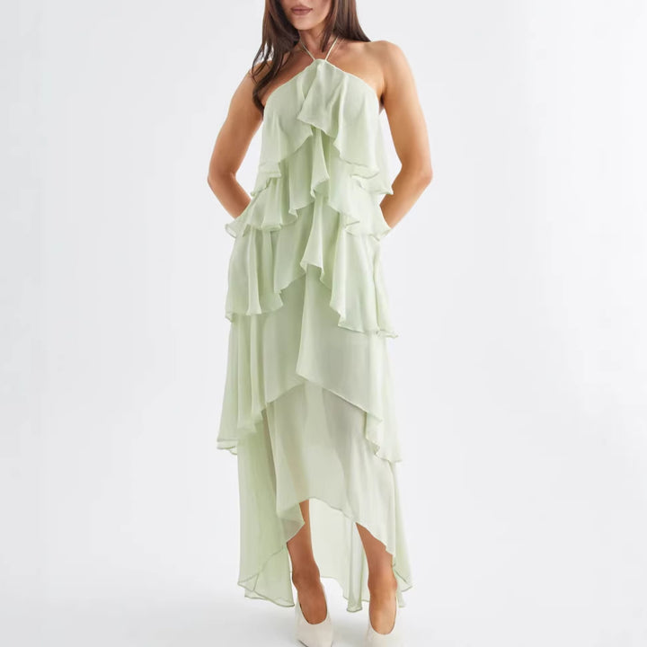 Kvinnors Luftig Chiffon Maxi Klänning med Volang Detaljer och Elegant Halterneck Mirla-Eva Jonsson
