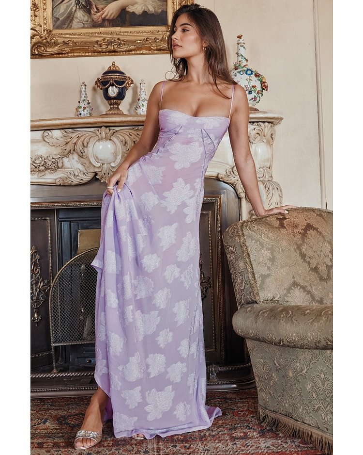 Kvinnors Maxi Cocktailklänning med Blommig Chiffon och Smala Spaghettistampor-Eva Jonsson