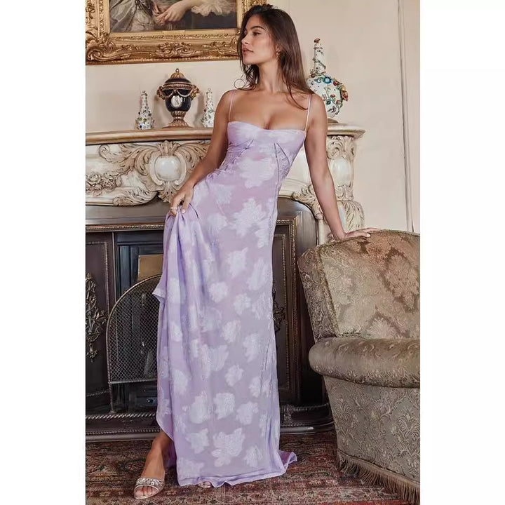 Kvinnors Maxi Cocktailklänning med Blommig Chiffon och Smala Spaghettistampor-Eva Jonsson
