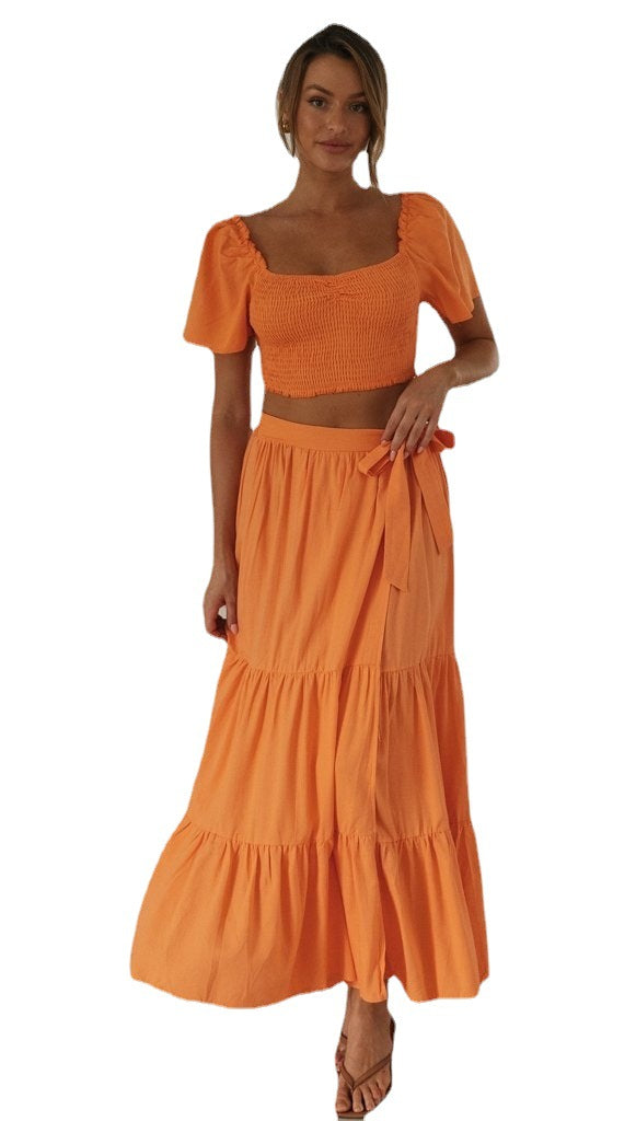 Kvinnors Maxi Kjol och Puffärmad Crop Top Set Mirla-Eva Jonsson