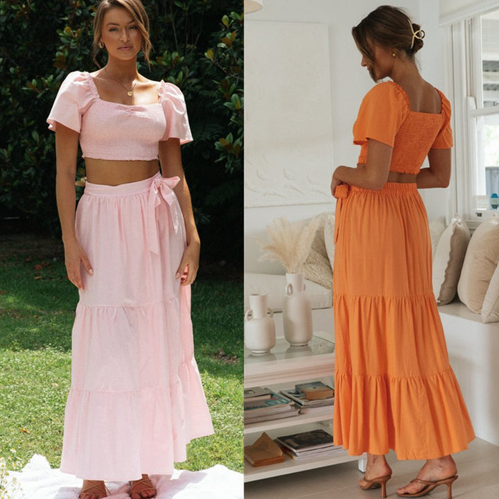 Kvinnors Maxi Kjol och Puffärmad Crop Top Set Mirla-Eva Jonsson