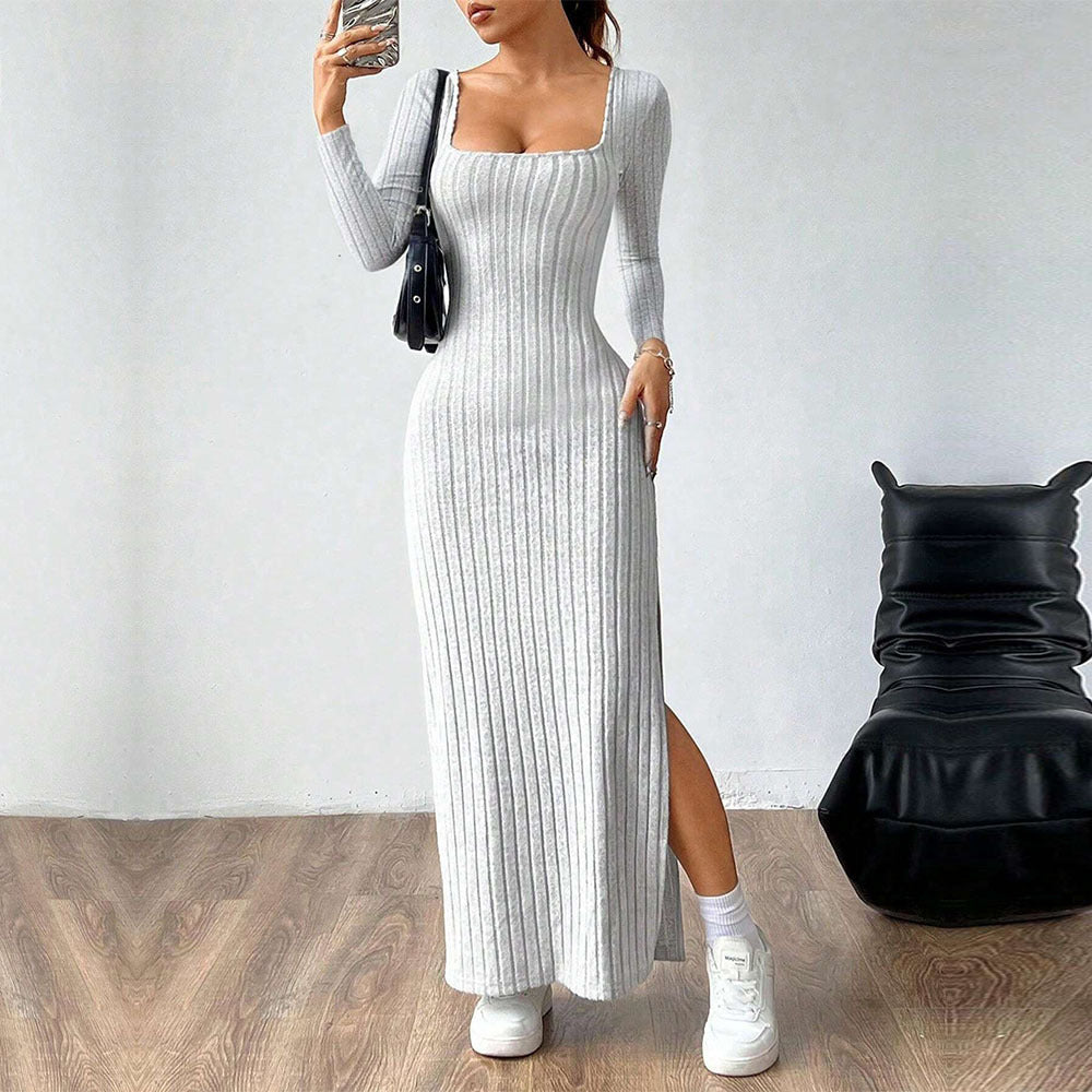 Kvinnors Maxi Klänning med Elegant Ribbad Stickning och Chic Slits Mirla-Eva Jonsson
