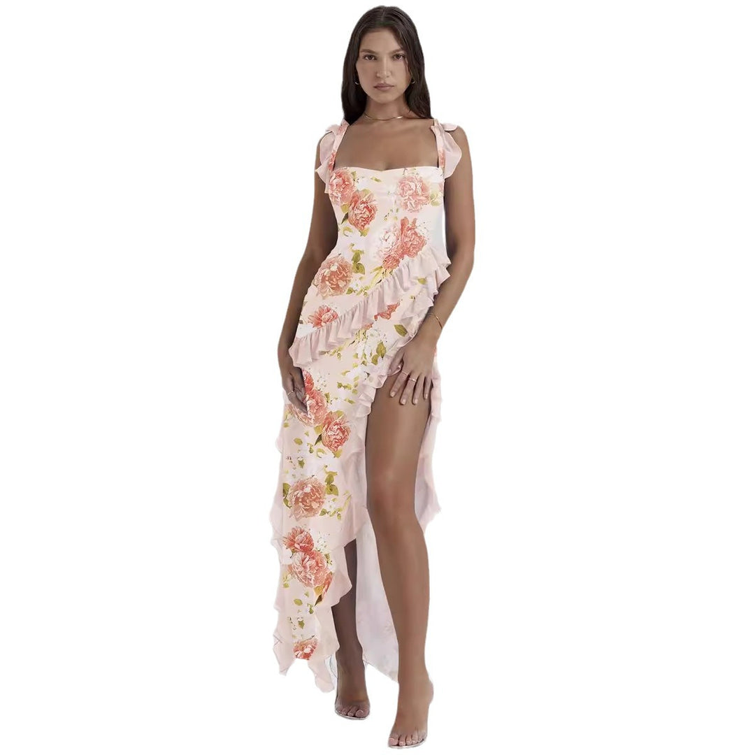 Kvinnors Maxi Klänning med Volangdetaljer och Blommönster-Eva Jonsson