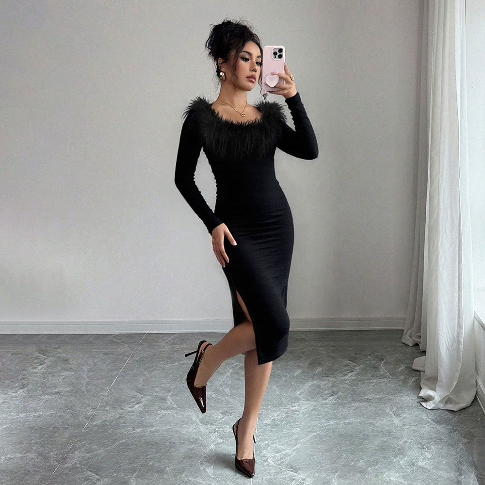 Kvinnors Midi Klänning med Elegant Fjäderdekoration och Sidoslits Mirla-Eva Jonsson