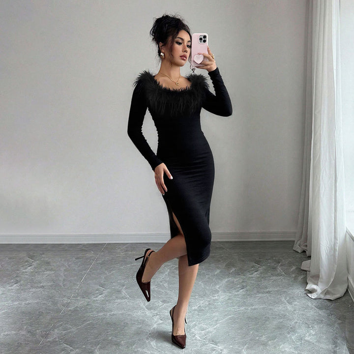 Kvinnors Midi Klänning med Elegant Fjäderdekoration och Sidoslits Mirla-Eva Jonsson