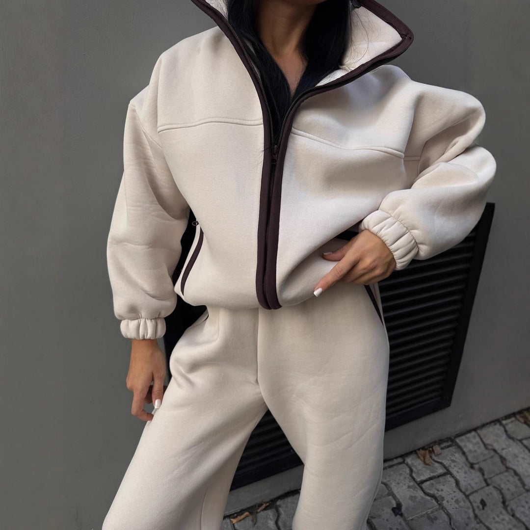 Kvinnors Mode Fleece Träningsoverall med Hög Krage och Känguruficka Mirla-Eva Jonsson