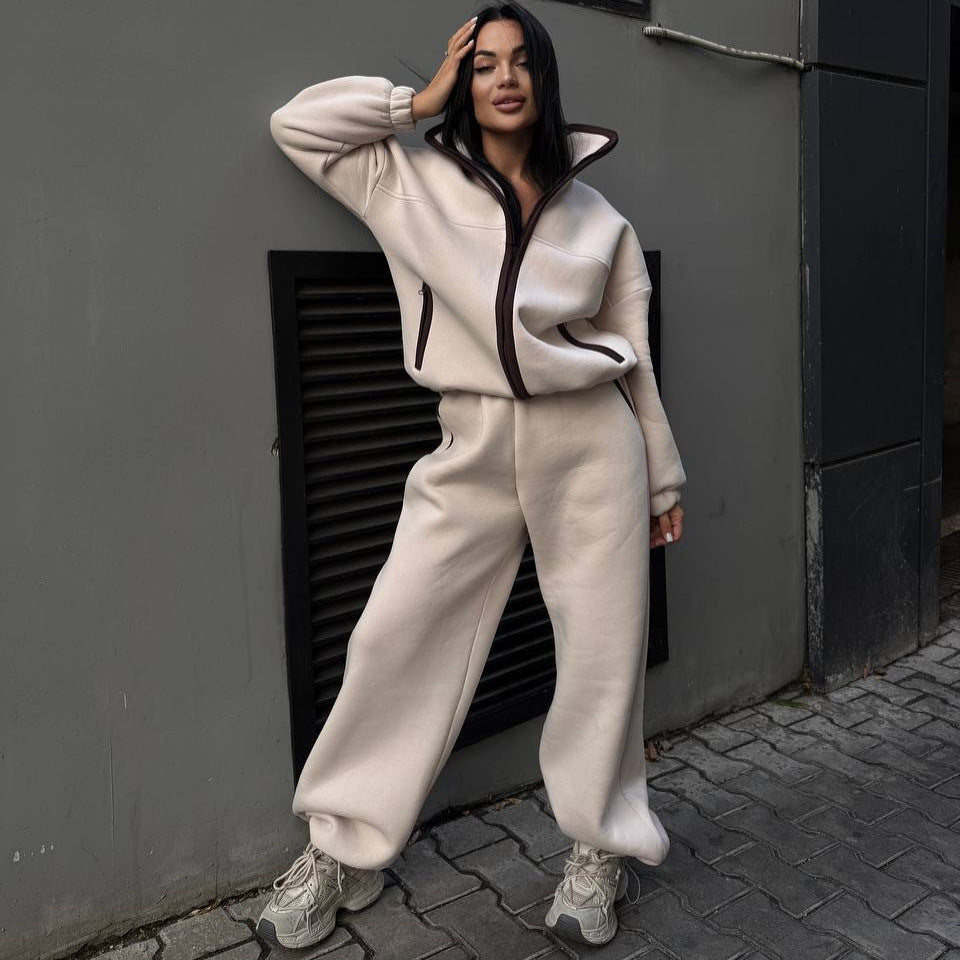 Kvinnors Mode Fleece Träningsoverall med Hög Krage och Känguruficka Mirla-Eva Jonsson
