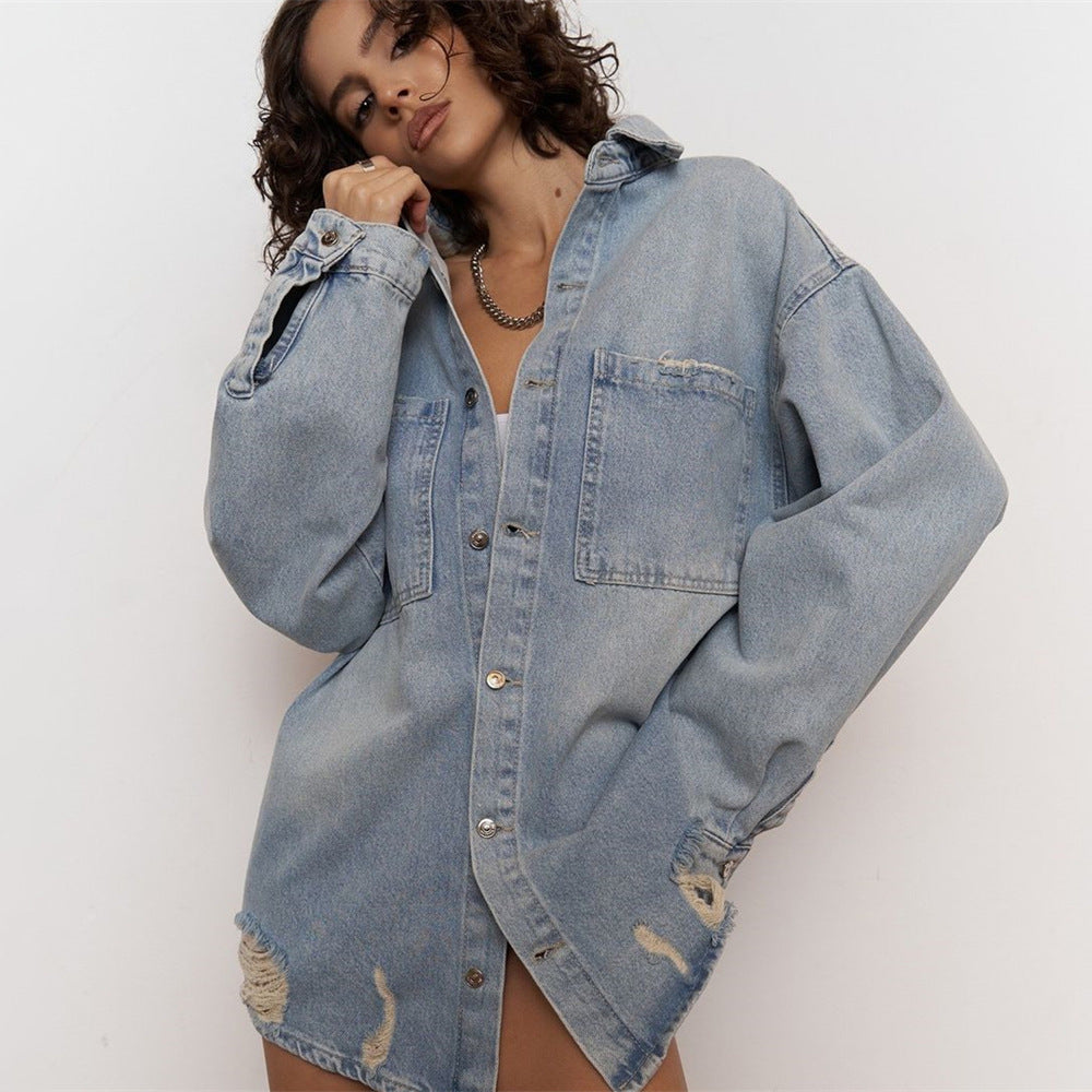 Kvinnors Mode Jeans Skjorta Jacka med Distressed Detaljer Mirla-Eva Jonsson