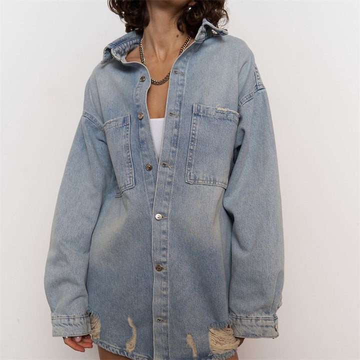 Kvinnors Mode Jeans Skjorta Jacka med Distressed Detaljer Mirla-Eva Jonsson