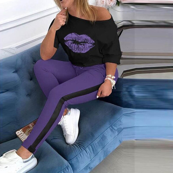 Kvinnors Mode Sweatshirt med Läppmotiv och Sportiga Leggings Mirla-Eva Jonsson