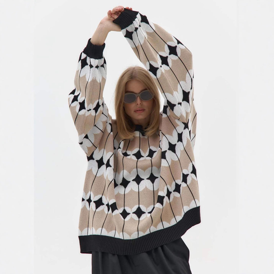 Kvinnors Mönstrad Oversized Tröja med Voluminösa Ärmar och Elastiska Manschetter Mirla-Eva Jonsson