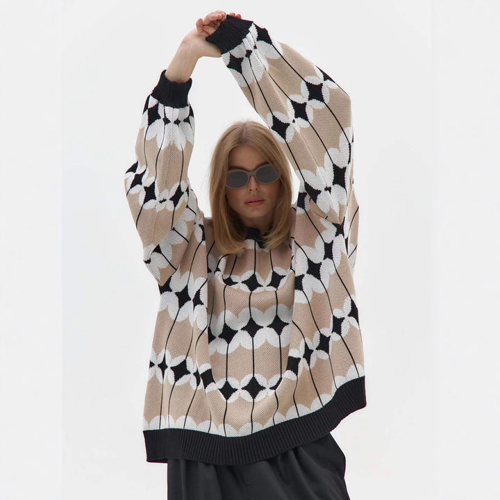 Kvinnors Mönstrad Oversized Tröja med Voluminösa Ärmar och Elastiska Manschetter Mirla-Eva Jonsson