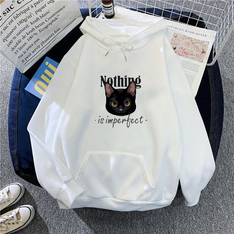 Kvinnors Mysig Huvtröja med Konstnärlig Kattdesign Mirla-Eva Jonsson