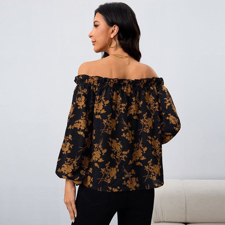 Kvinnors Off-Shoulder Blus med Blommönster och Elastiska Ärmar Mirla-Eva Jonsson