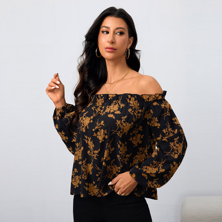 Kvinnors Off-Shoulder Blus med Blommönster och Elastiska Ärmar Mirla-Eva Jonsson