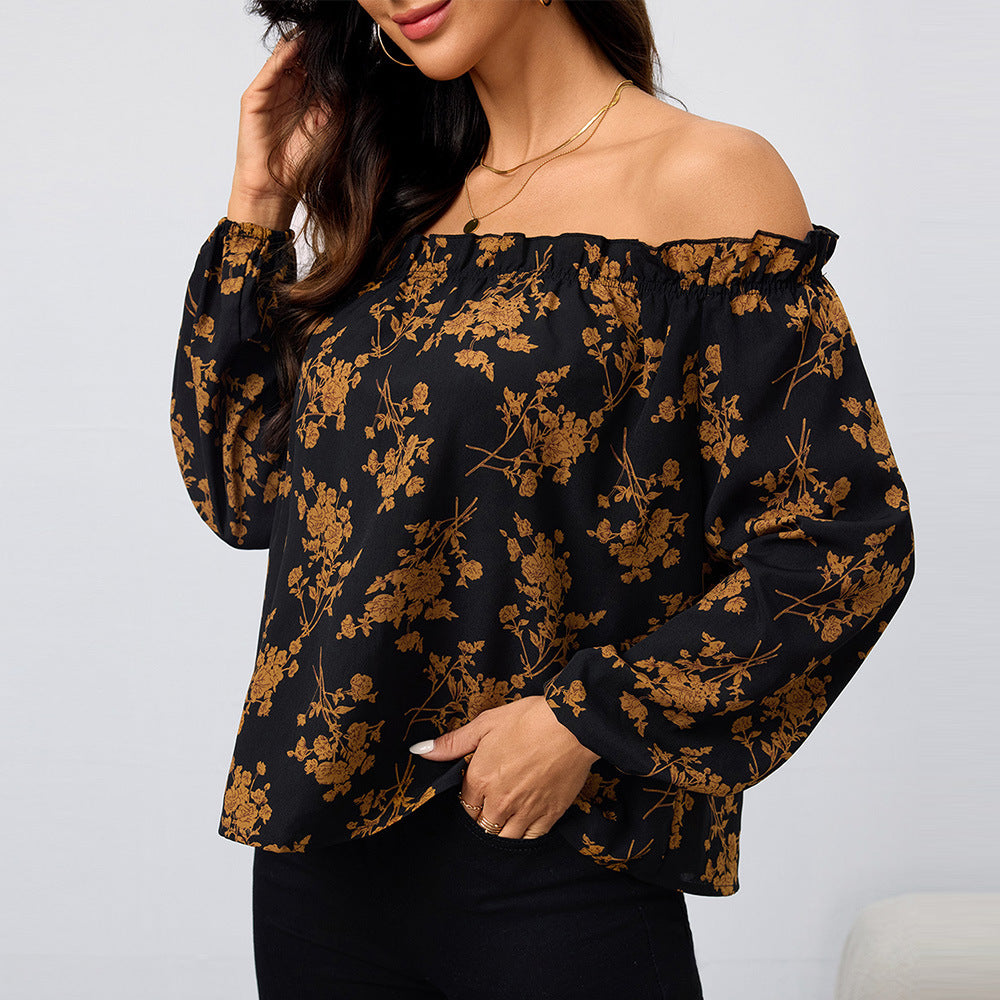 Kvinnors Off-Shoulder Blus med Blommönster och Elastiska Ärmar Mirla-Eva Jonsson