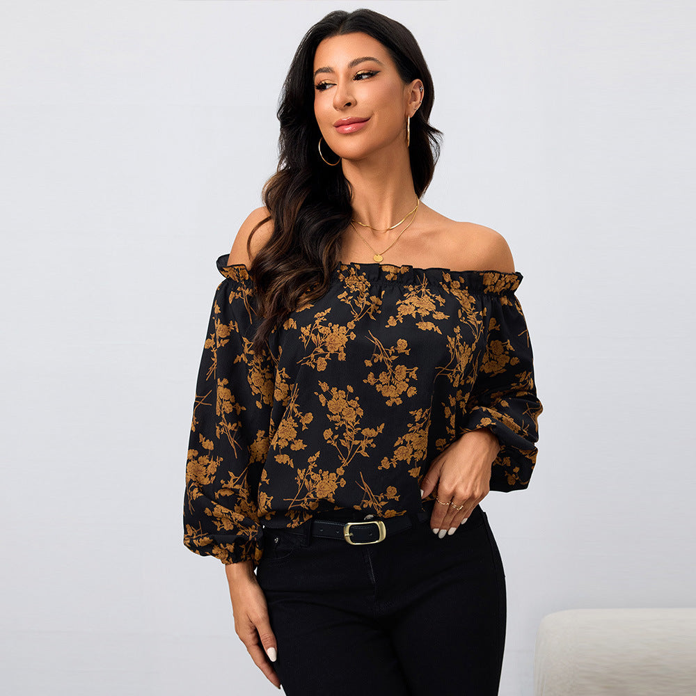 Kvinnors Off-Shoulder Blus med Blommönster och Elastiska Ärmar Mirla-Eva Jonsson