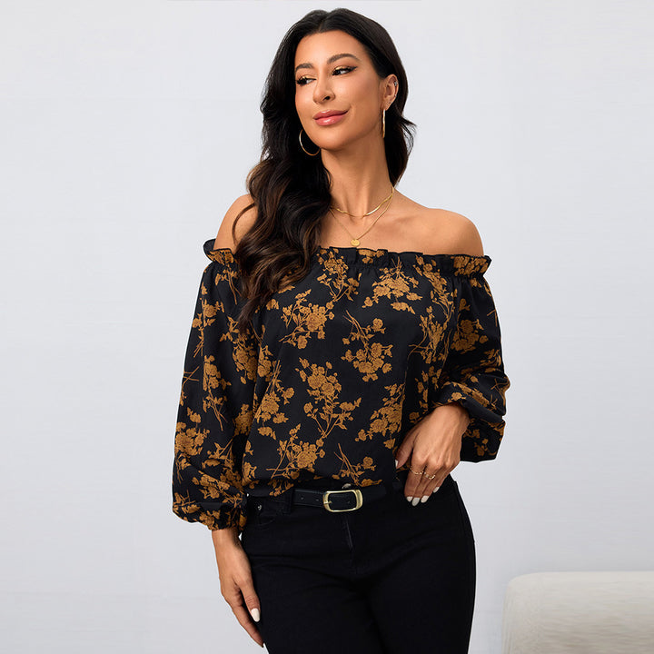 Kvinnors Off-Shoulder Blus med Blommönster och Elastiska Ärmar Mirla-Eva Jonsson