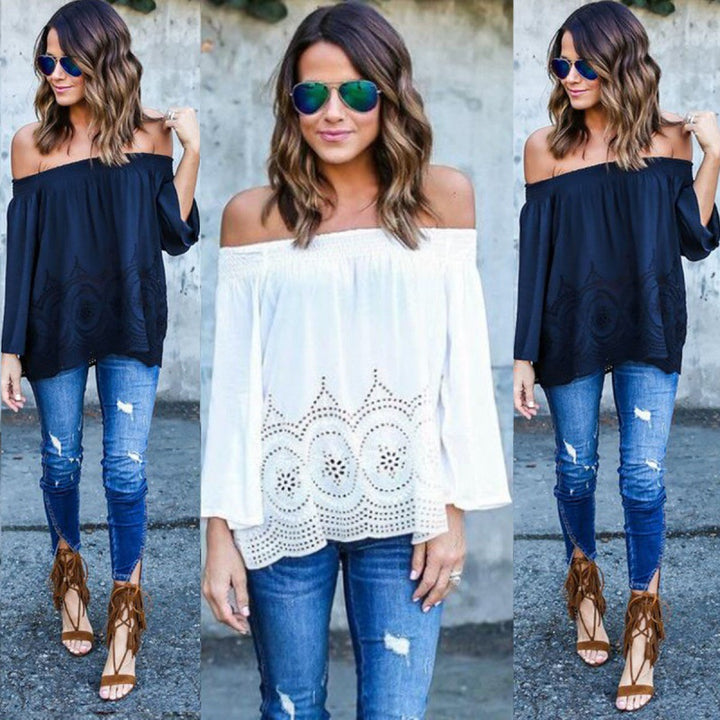 Kvinnors Off-Shoulder Blus med Voluminösa Ärmar och Delikat Virkat Mönster Mirla-Eva Jonsson