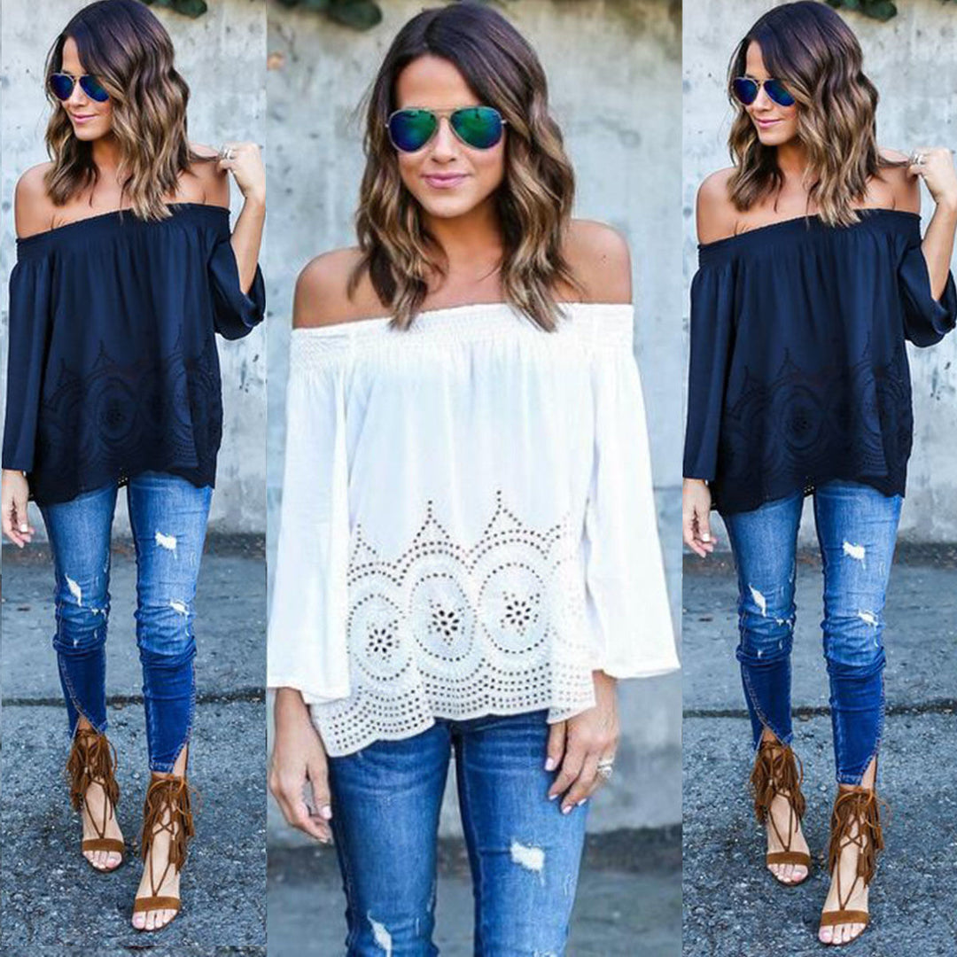 Kvinnors Off-Shoulder Blus med Voluminösa Ärmar och Delikat Virkat Mönster Mirla-Eva Jonsson