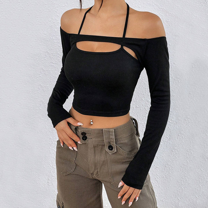 Kvinnors Off-Shoulder Crop Top med Asymmetrisk Urtagning och Långa Ärmar Mirla-Eva Jonsson