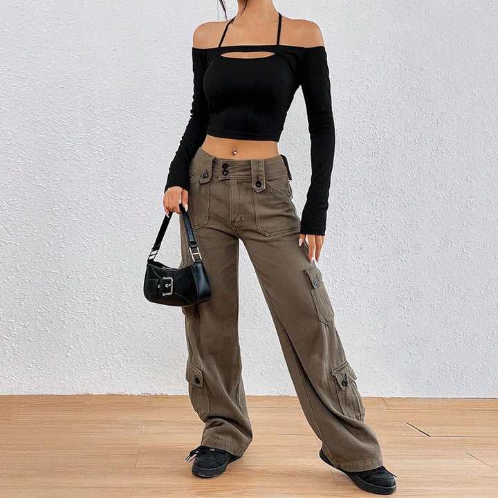 Kvinnors Off-Shoulder Crop Top med Asymmetrisk Urtagning och Långa Ärmar Mirla-Eva Jonsson