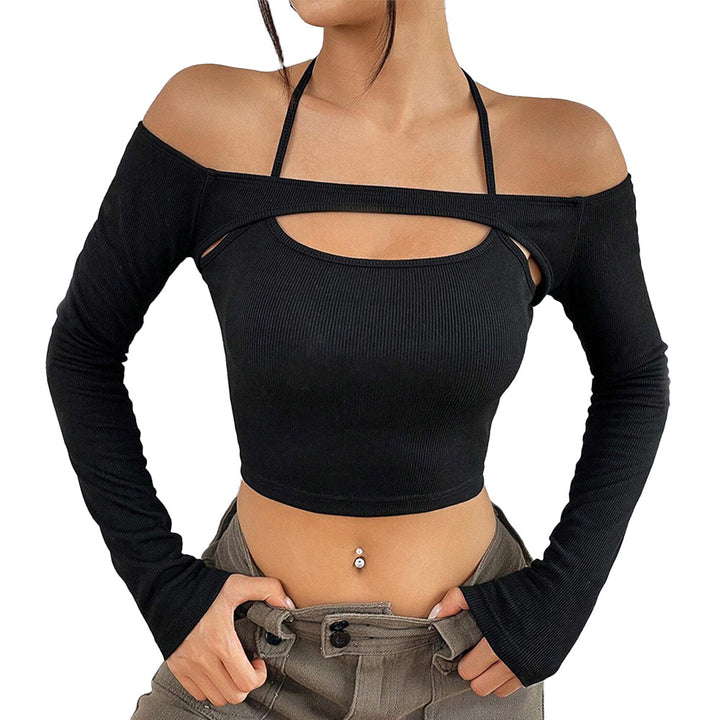 Kvinnors Off-Shoulder Crop Top med Asymmetrisk Urtagning och Långa Ärmar Mirla-Eva Jonsson