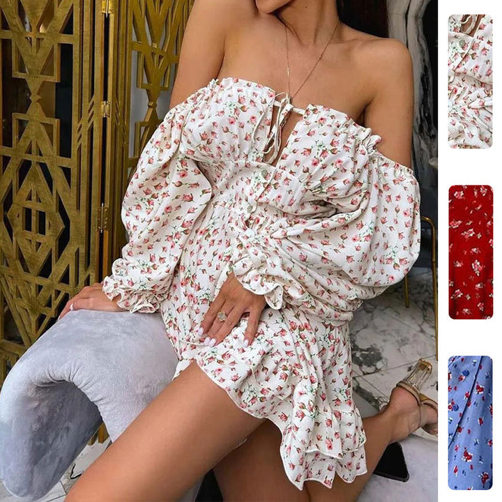 Kvinnors Off-Shoulder Klänning med Blommönster och Volangdetaljer Mirla-Eva Jonsson