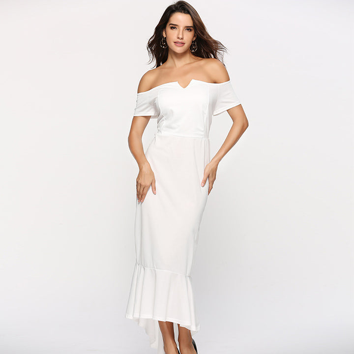 Kvinnors Off-Shoulder Kvällsklänning med Elegant V-Hals och Flödande Slut-Eva Jonsson