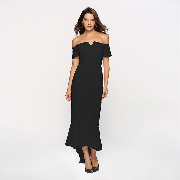 Kvinnors Off-Shoulder Kvällsklänning med Elegant V-Hals och Flödande Slut-Eva Jonsson