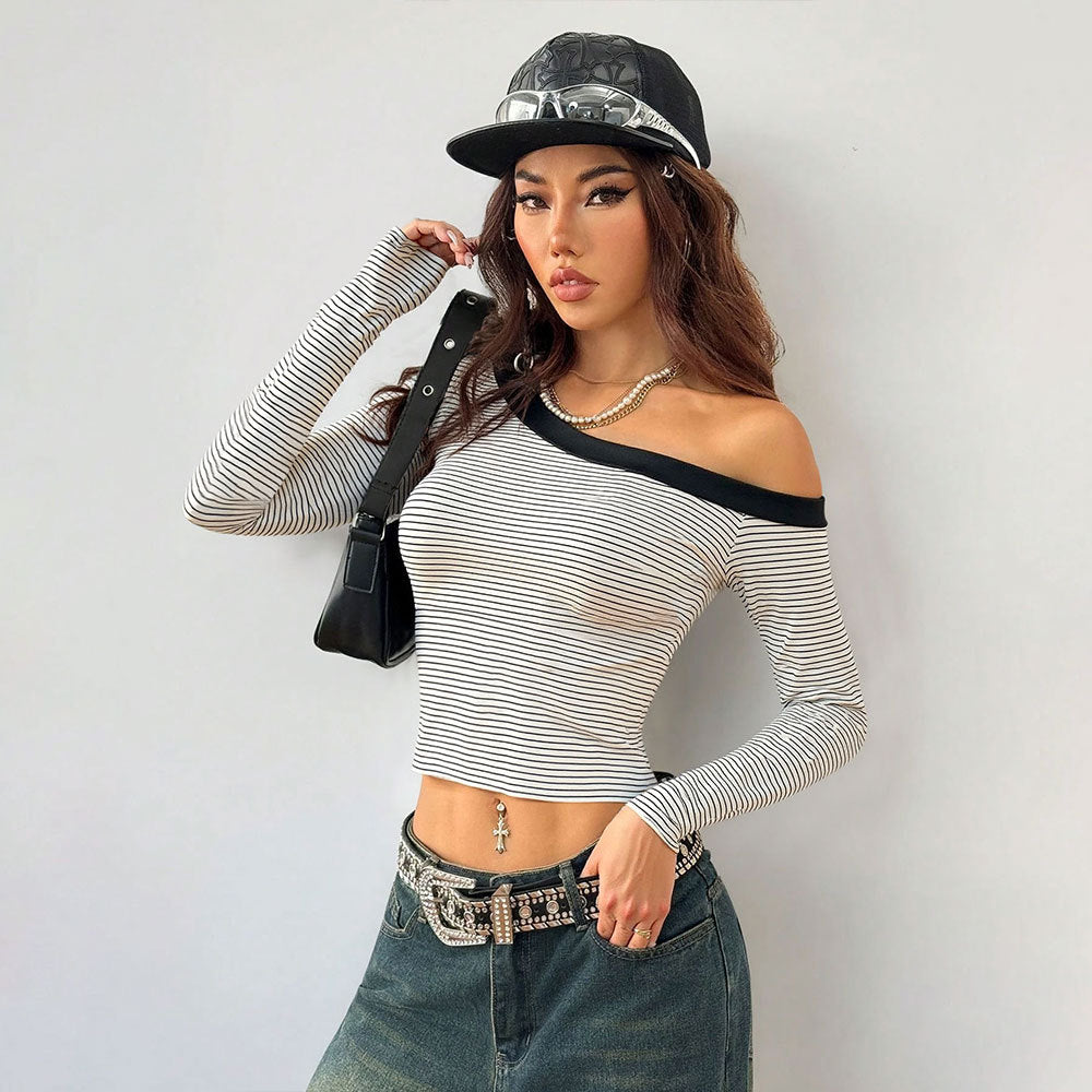 Kvinnors Off-Shoulder Långärmad Skjorta med Randigt Mönster Mirla-Eva Jonsson