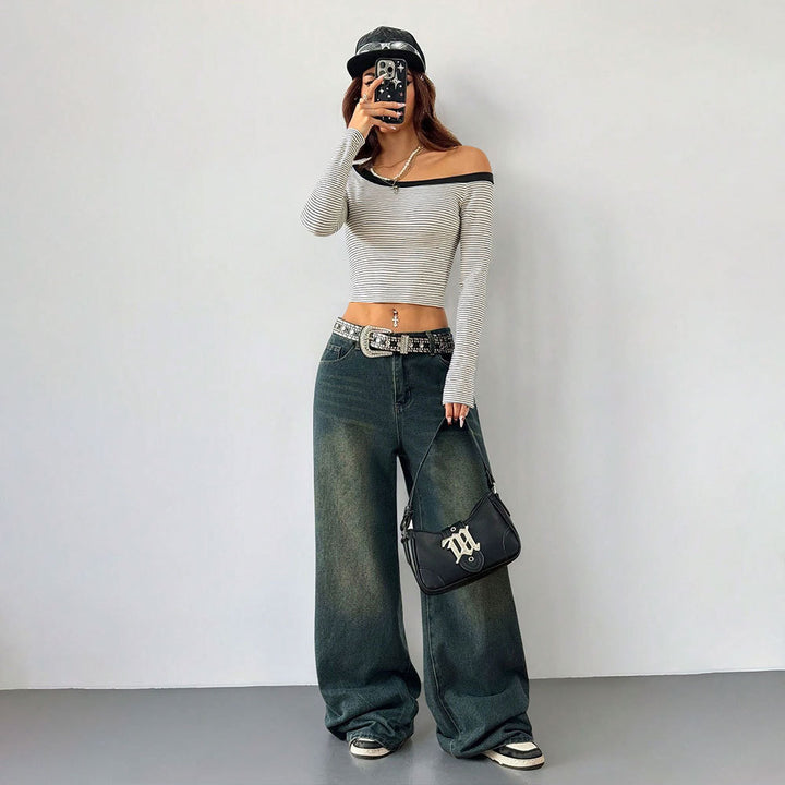 Kvinnors Off-Shoulder Långärmad Skjorta med Randigt Mönster Mirla-Eva Jonsson