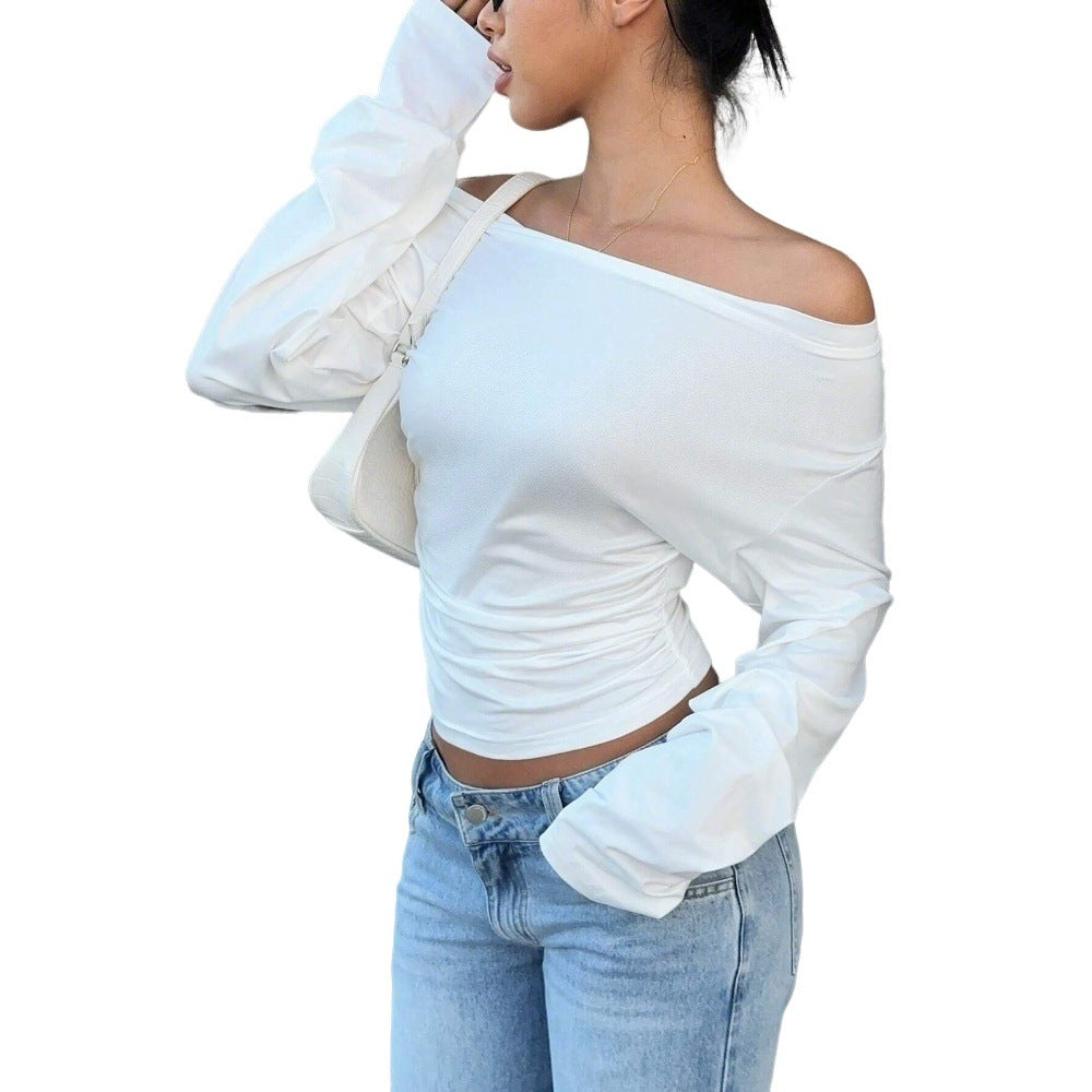 Kvinnors Off-Shoulder Långärmad Skjorta med Voluminösa Ärmar och Tätt Snitt Mirla-Eva Jonsson