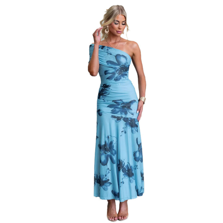 Kvinnors Off-Shoulder Maxi Klänning med Blommiga Detaljer och Volangdesign-Eva Jonsson