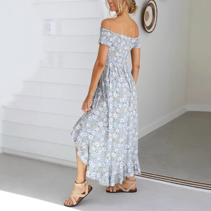 Kvinnors Off-Shoulder Maxi Klänning med Blommönster och Avslappnad Skärning-Eva Jonsson