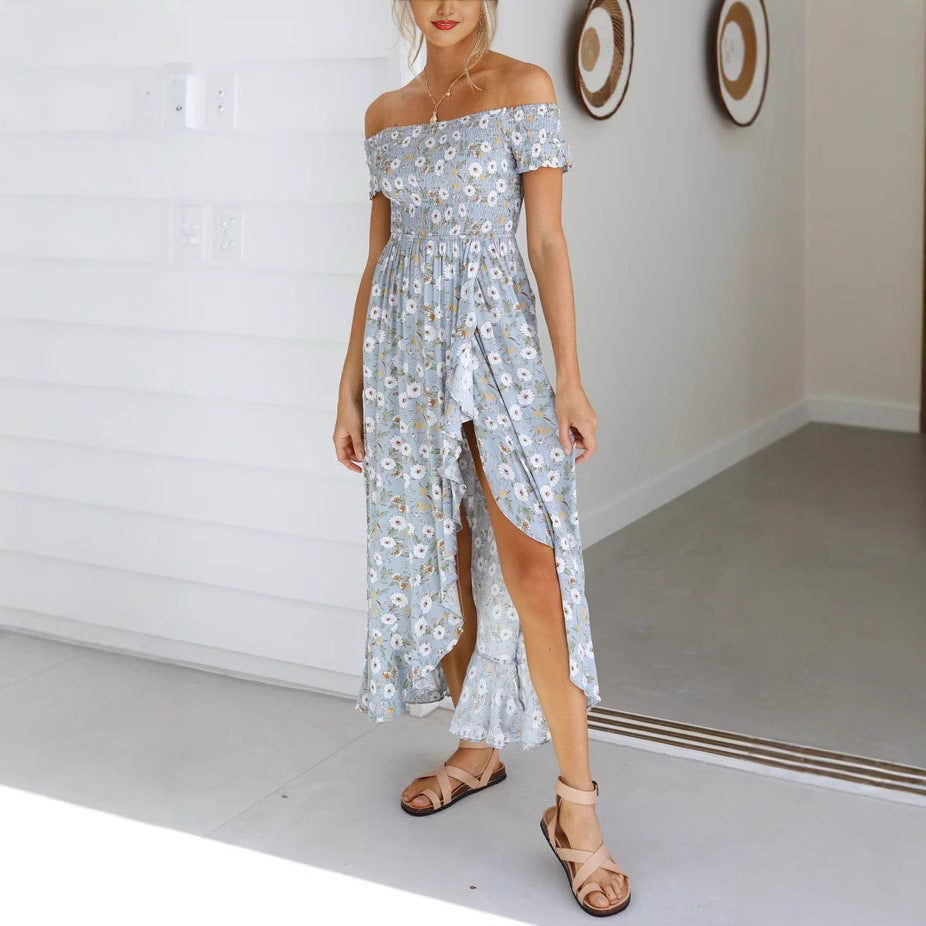 Kvinnors Off-Shoulder Maxi Klänning med Blommönster och Avslappnad Skärning-Eva Jonsson