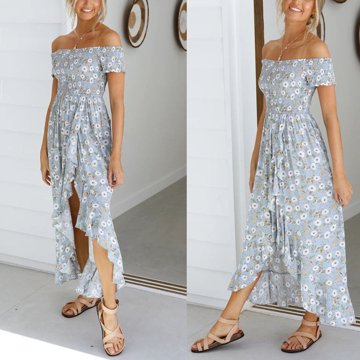 Kvinnors Off-Shoulder Maxi Klänning med Blommönster och Avslappnad Skärning-Eva Jonsson