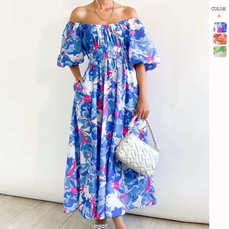 Kvinnors Off-Shoulder Maxi Klänning med Blommönster och Elastisk Midja Mirla-Eva Jonsson