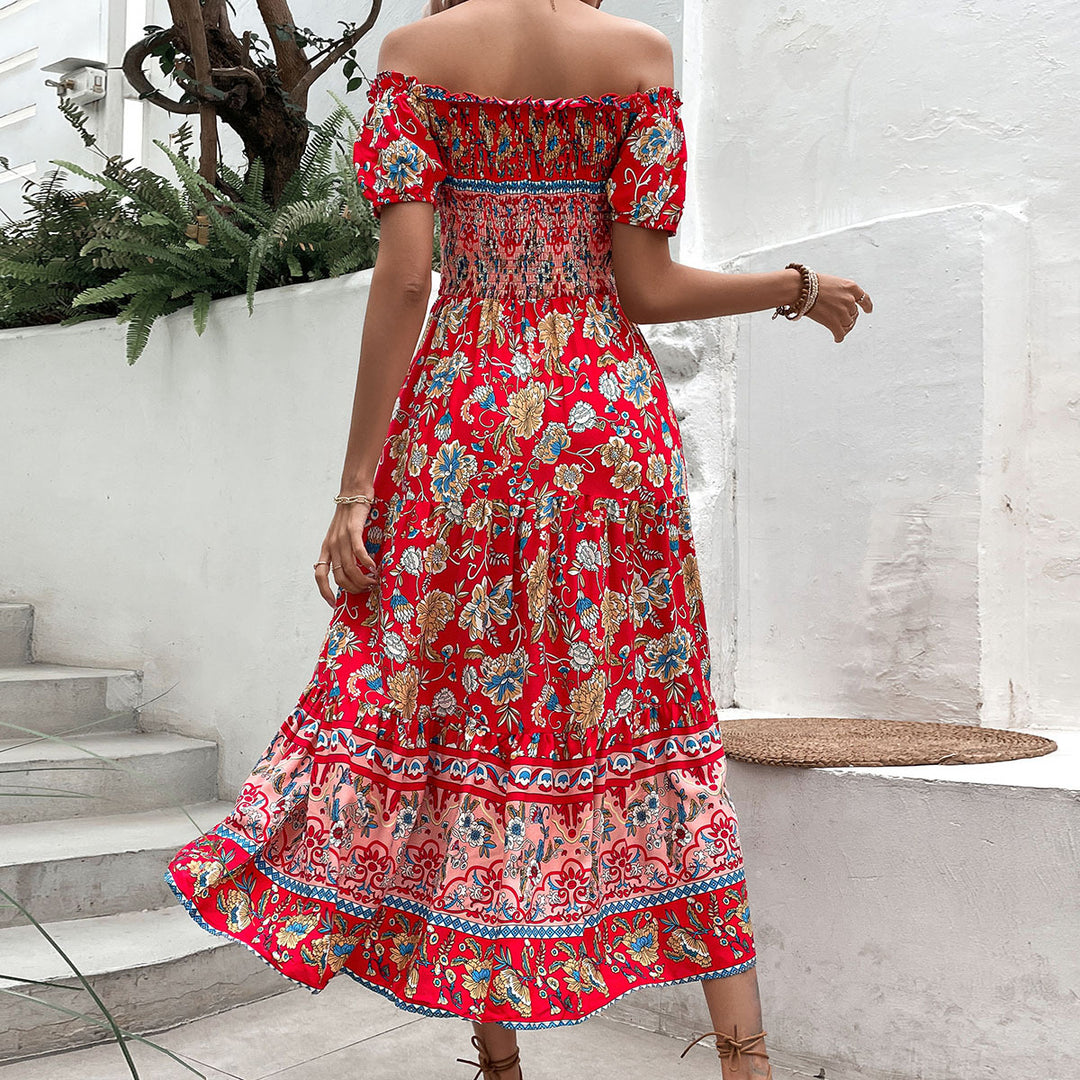 Kvinnors Off-Shoulder Maxi Klänning med Blommönster och Elastisk Midjeband Mirla-Eva Jonsson