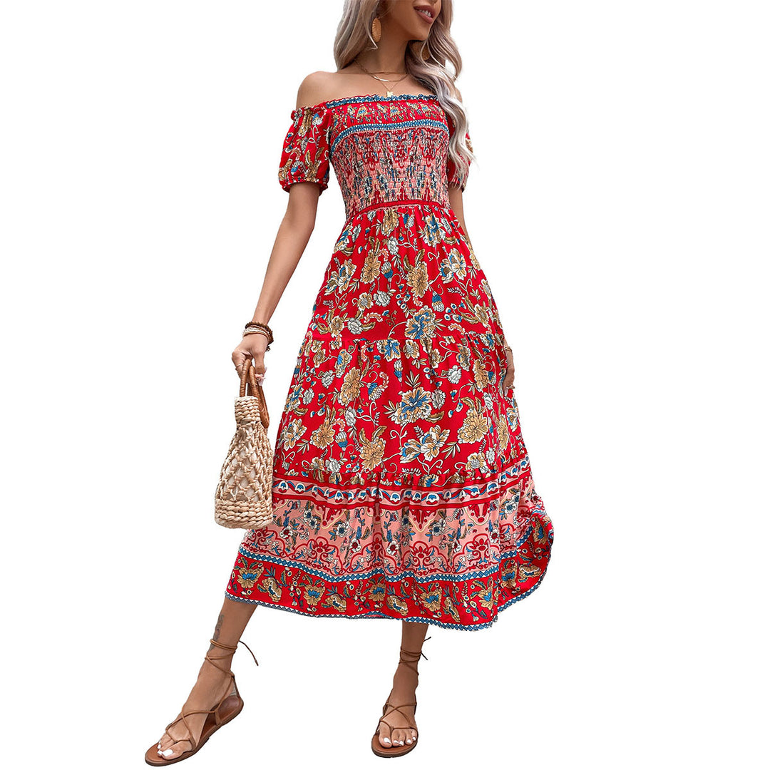 Kvinnors Off-Shoulder Maxi Klänning med Blommönster och Elastisk Midjeband Mirla-Eva Jonsson