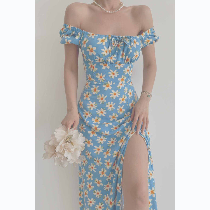 Kvinnors Off-Shoulder Maxi Klänning med Blommönster och Elegant Slits Mirla-Eva Jonsson