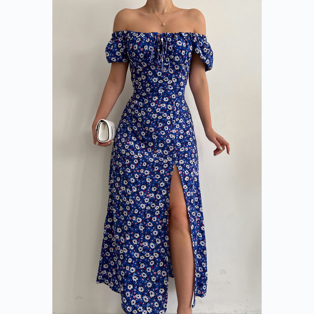 Kvinnors Off-Shoulder Maxi Klänning med Blommönster och Elegant Slits Mirla-Eva Jonsson