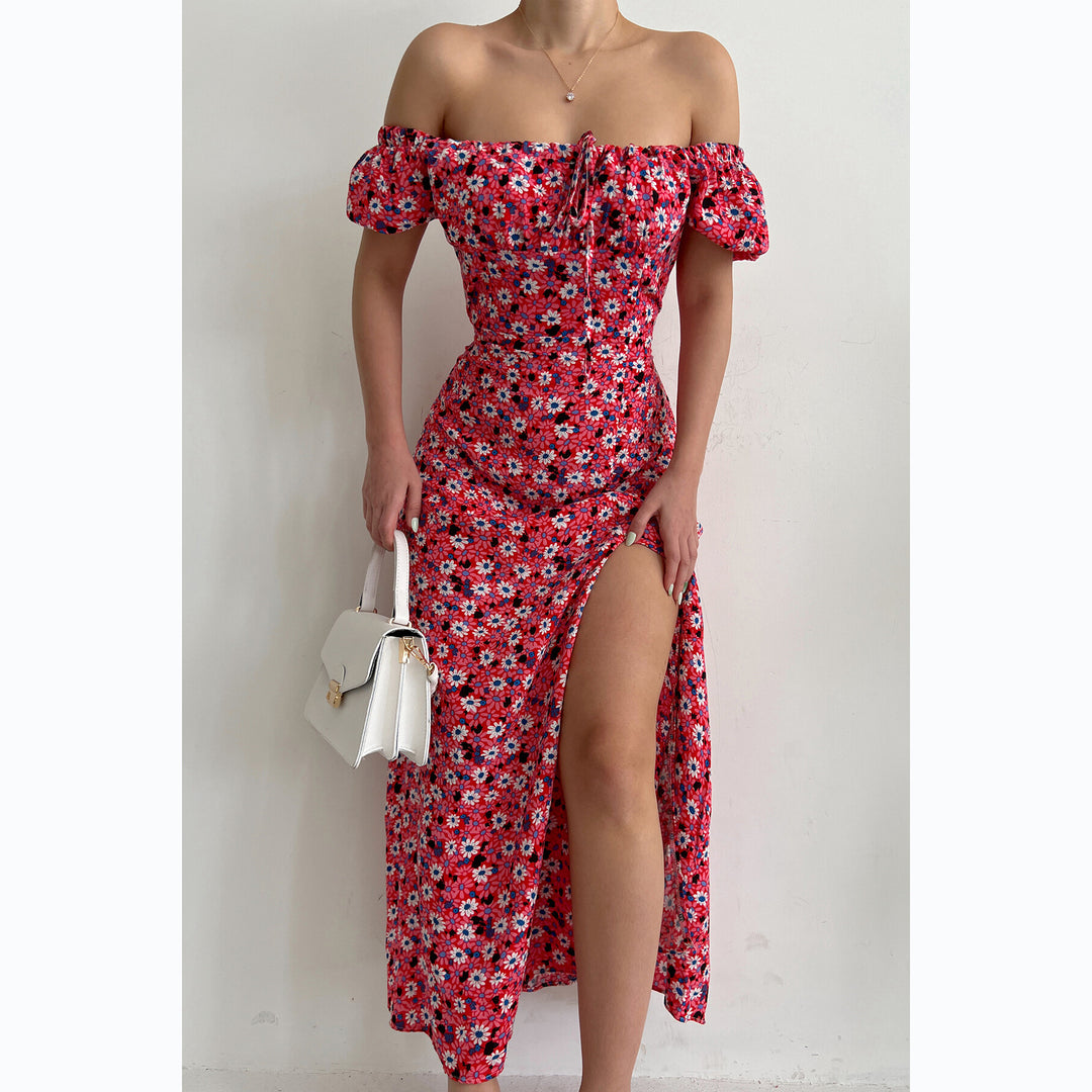Kvinnors Off-Shoulder Maxi Klänning med Blommönster och Elegant Slits Mirla-Eva Jonsson