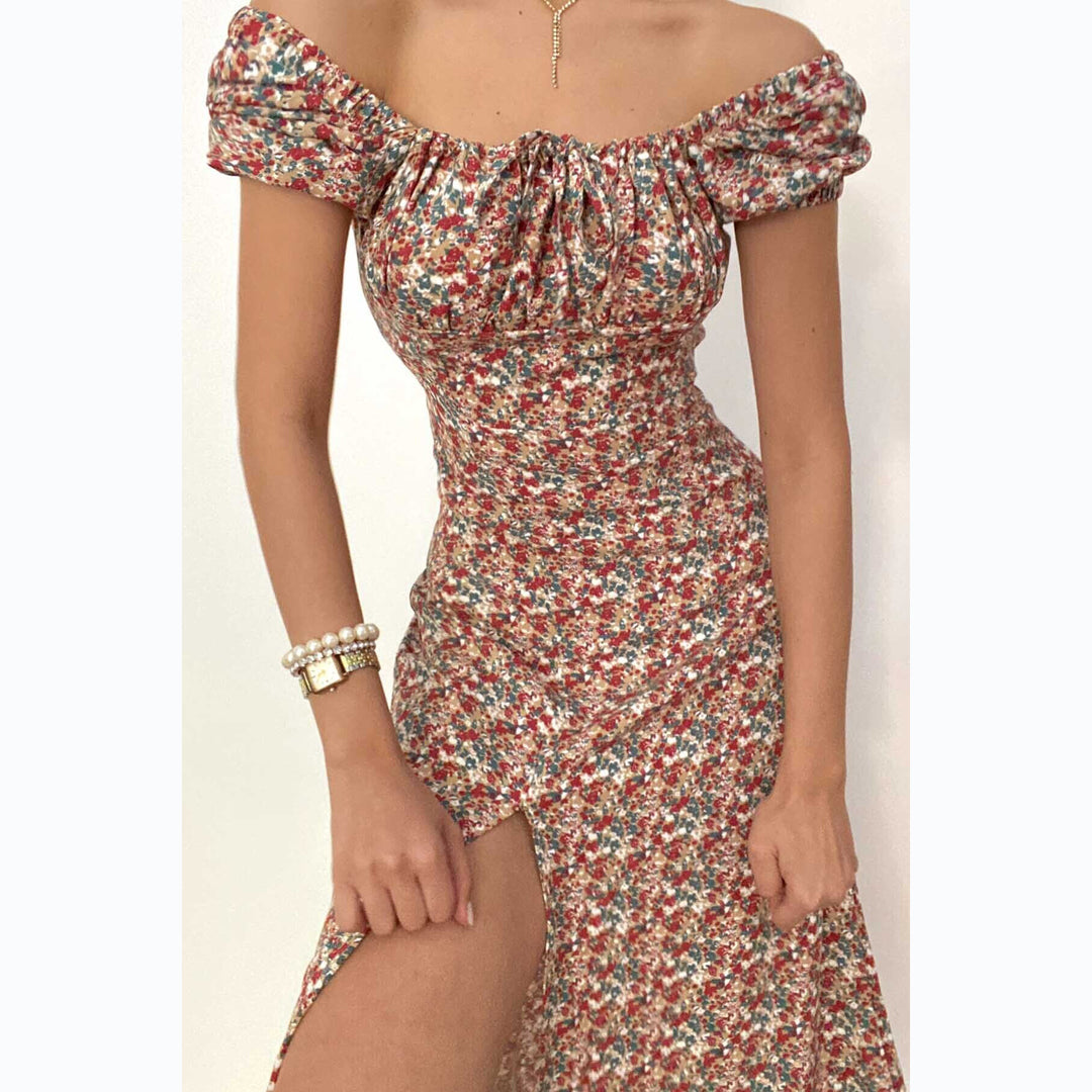 Kvinnors Off-Shoulder Maxi Klänning med Blommönster och Elegant Slits Mirla-Eva Jonsson