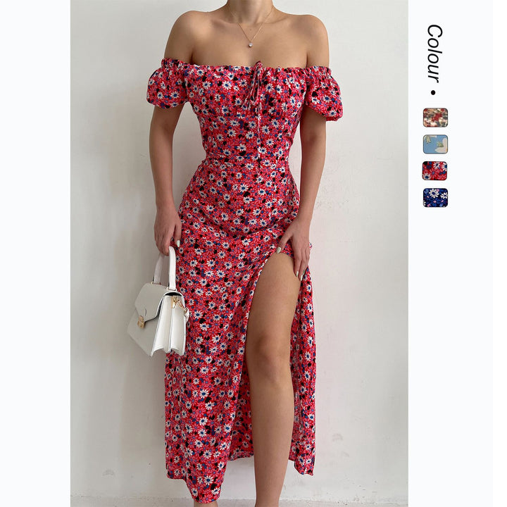Kvinnors Off-Shoulder Maxi Klänning med Blommönster och Elegant Slits Mirla-Eva Jonsson